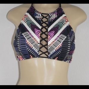 Laced halter top, geo-print bikini top.